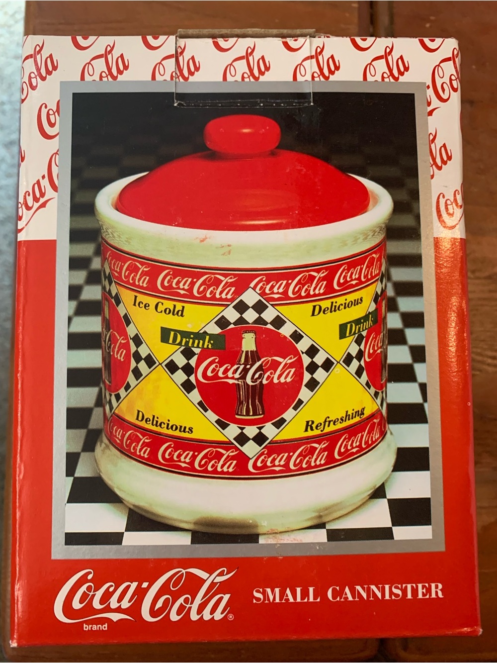 Enesco Coca-Cola Red and White Small Diner Flag Canister Vintage 1995